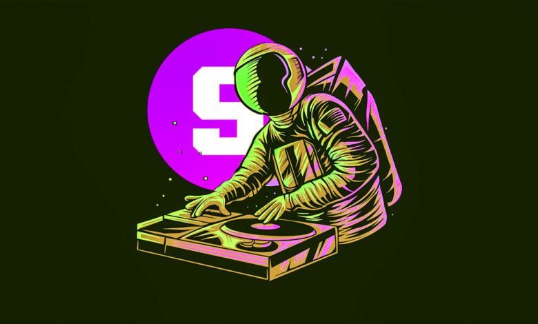 astronaut dj vector with moon background vector illustration design