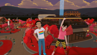 Two virtual avatars stand in front of an illuminated stadium, in support of the Decentraland Ugly Sweater Competition.