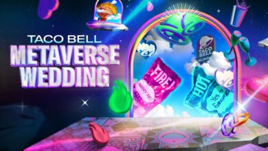 Taco Bell Metaverse Wedding poster showing a virtual stage with rings