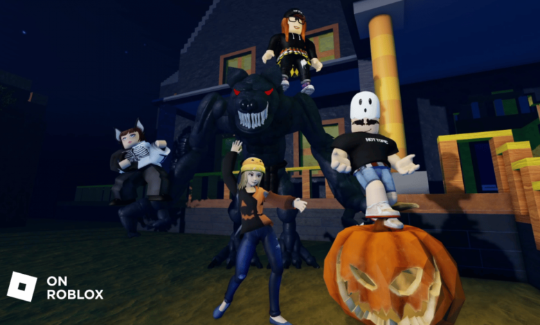 Roblox game characters wearing hot topic digital merchandise celebrating Halloween.