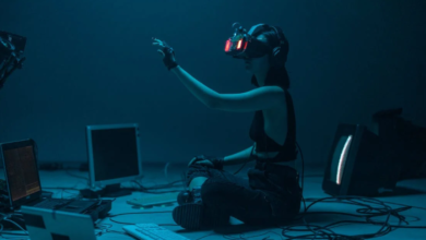 person sitting on floor engaging in metaverse with VR headset